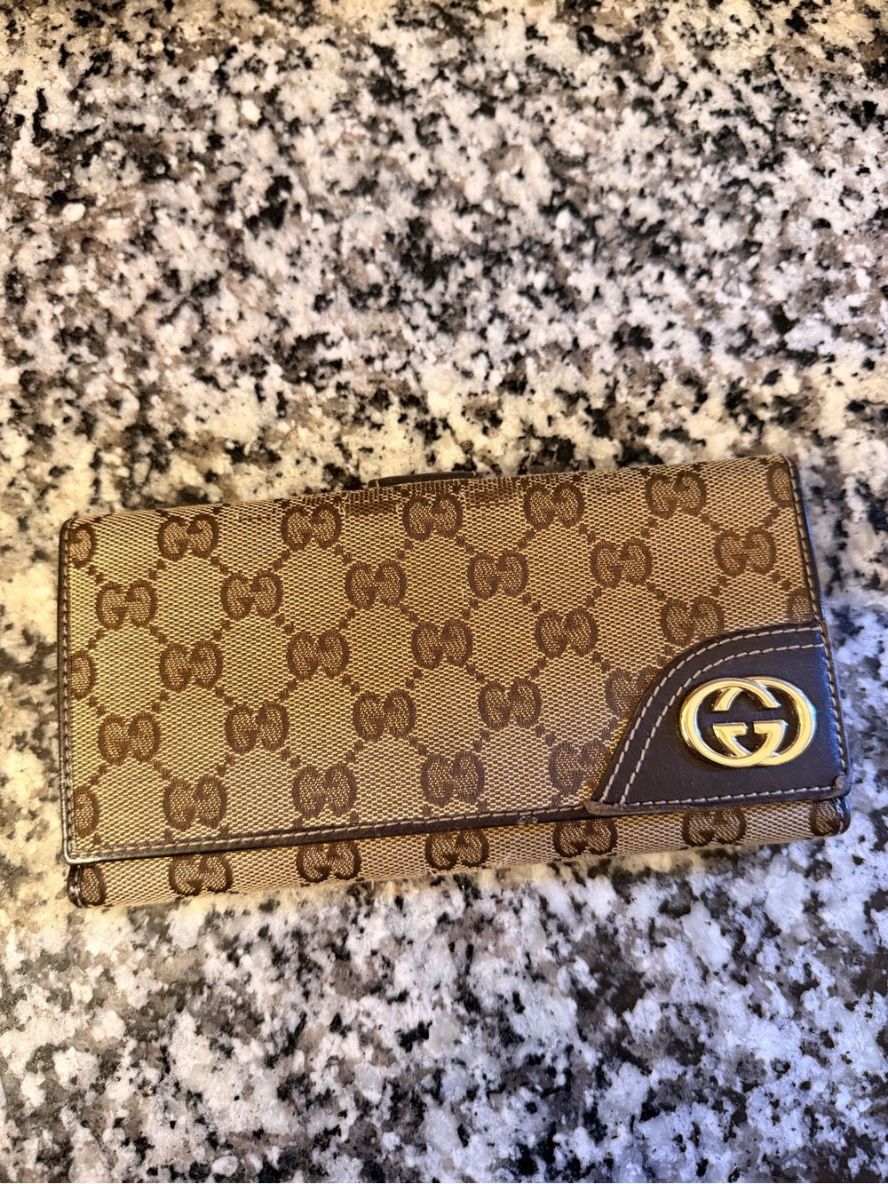 Gucci Beige Monogram Wallet with Brown Trim and Gold Logo